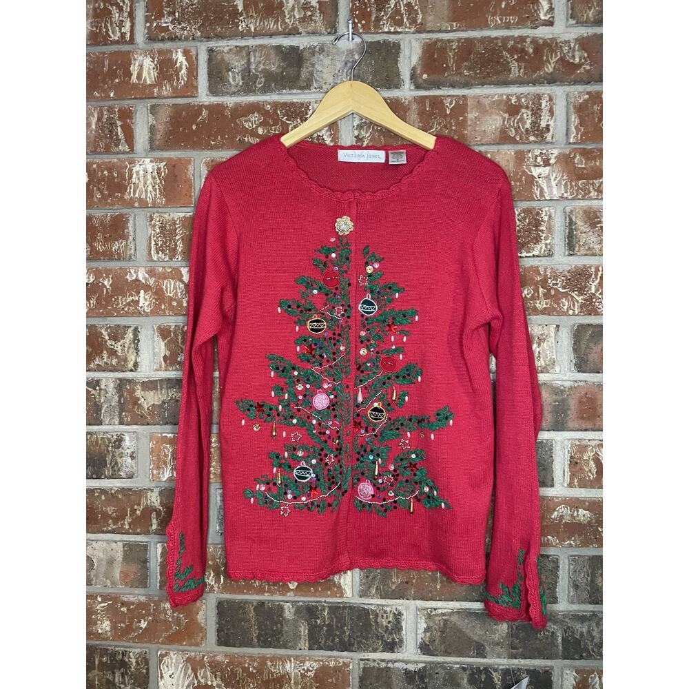 NWT Victoria Jones Christmas Beaded Cardigan Women's Small Festive Holidays